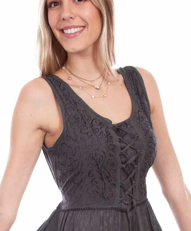 Scully Women's Embroidered Floral Western Dress - Gunmetal Lace Up Front 3 Scully Women's Embroidered Floral Western Dress - Gunmetal Lace Up Front