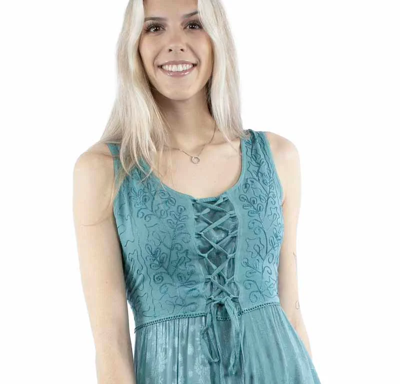 Scully Women's Embroidered Floral Western Dress - Teal Lace Up Front 3 Scully Women's Embroidered Floral Western Dress - Teal Lace Up Front