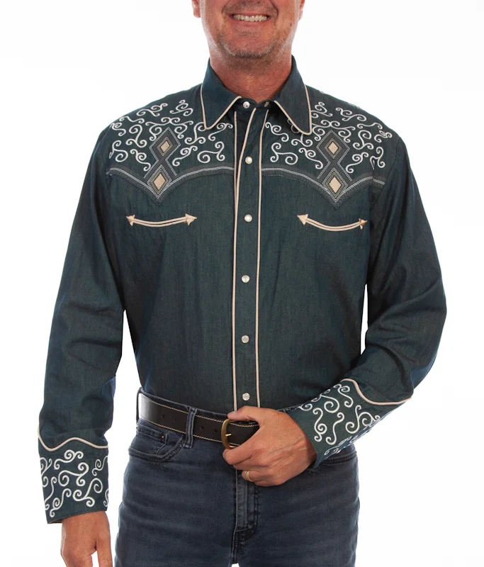 men's denim western embroidered pearl snap shirt