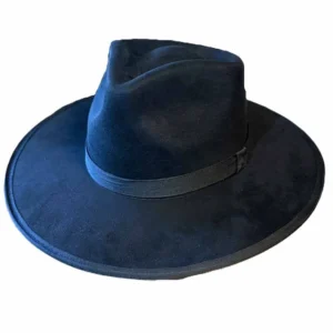 Black Vegan Suede Flat Brim Hat – Pinch Front Western Style
