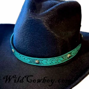 3/4" Tooled Feather Turquoise Leather Hat Band - Starburst Studs - USA Made