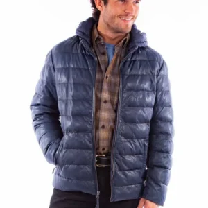 Men's blue Leather Puffer Jacket