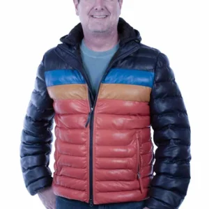 Men's blue Leather Puffer Jacket