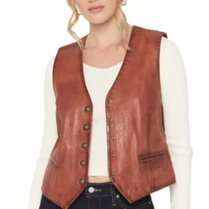 Women's Lambskin Snap Front Cognac Western Vest