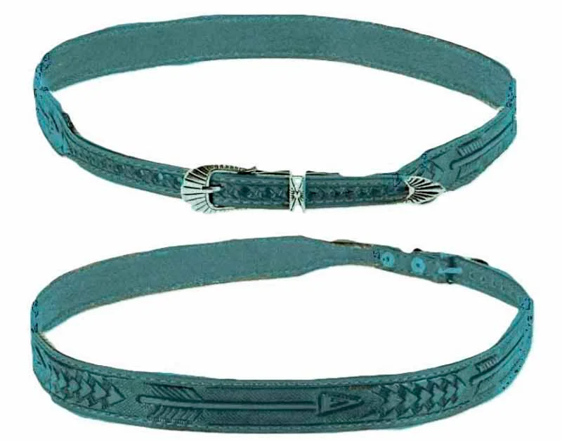 Turquoise Leather Cowboy Hat Band – Arrow Design – Silver Buckle - USA Made 2 Turquoise Leather Cowboy Hat Band – Arrow Design – Silver Buckle - USA Made