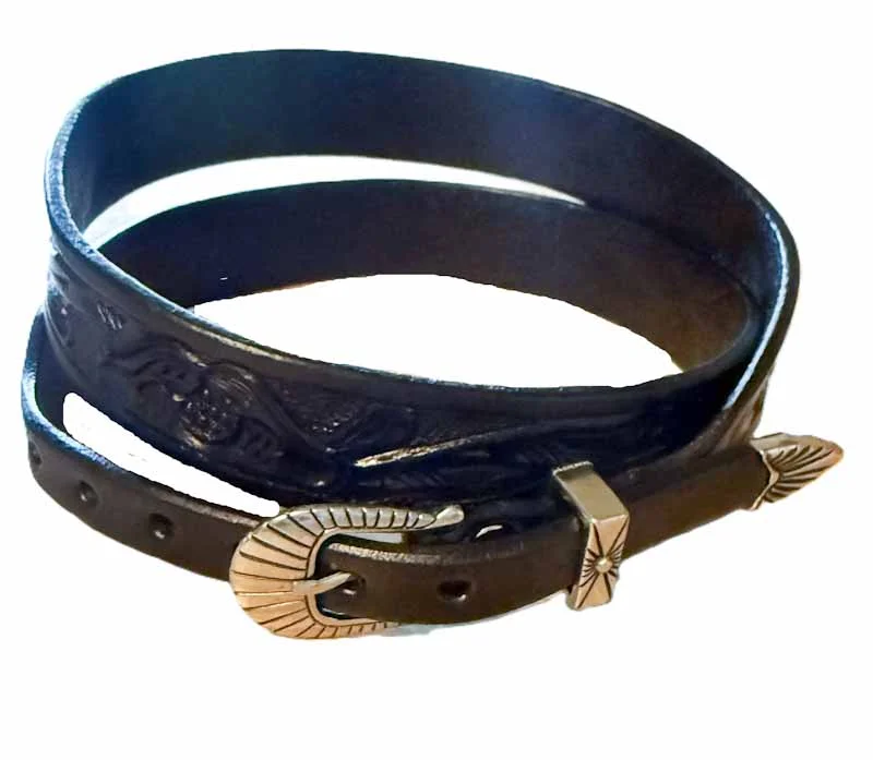 3/4" Wide - Black Tooled Leather Cowboy Hat Band - Silver Buckle - USA Made 5 Tooled Leather Cowboy Hat Band