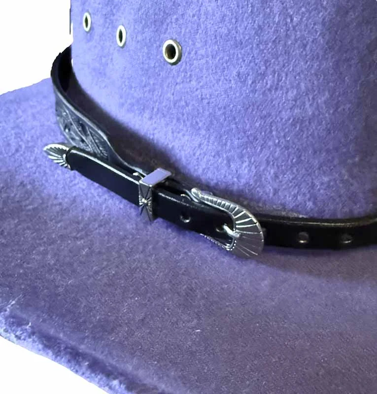 3/4" Wide - Black Tooled Leather Cowboy Hat Band - Silver Buckle - USA Made 2 Tooled Leather Cowboy Hat Band