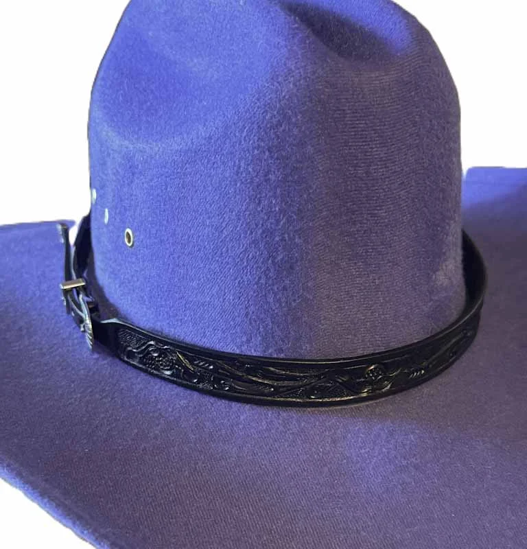 3/4" Wide - Black Tooled Leather Cowboy Hat Band - Silver Buckle - USA Made 1 Tooled Leather Cowboy Hat Band