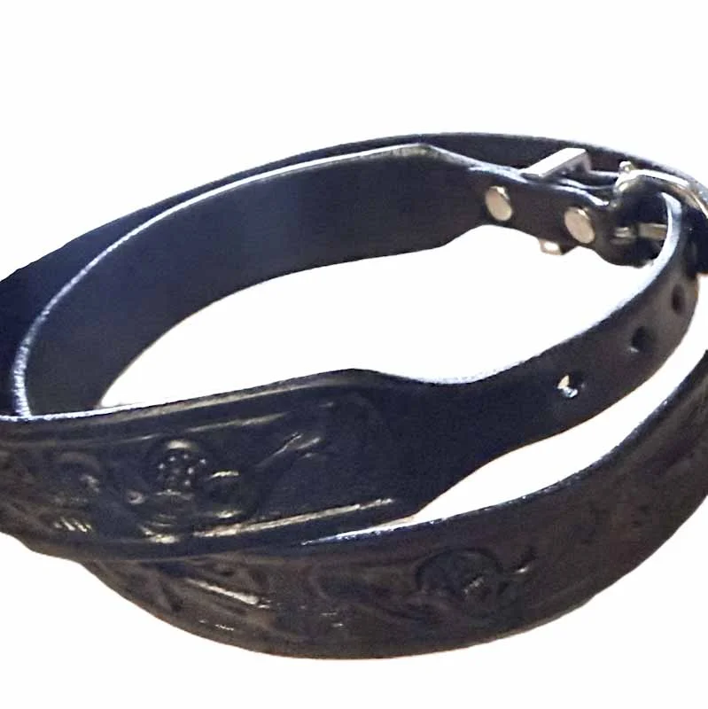3/4" Wide - Black Tooled Leather Cowboy Hat Band - Silver Buckle - USA Made 4 Tooled Leather Cowboy Hat Band