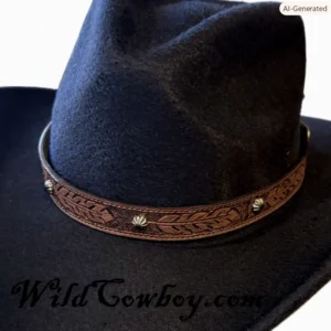 3/4" Tooled Feather Brown Leather Hat Band - Starburst Studs - USA Made