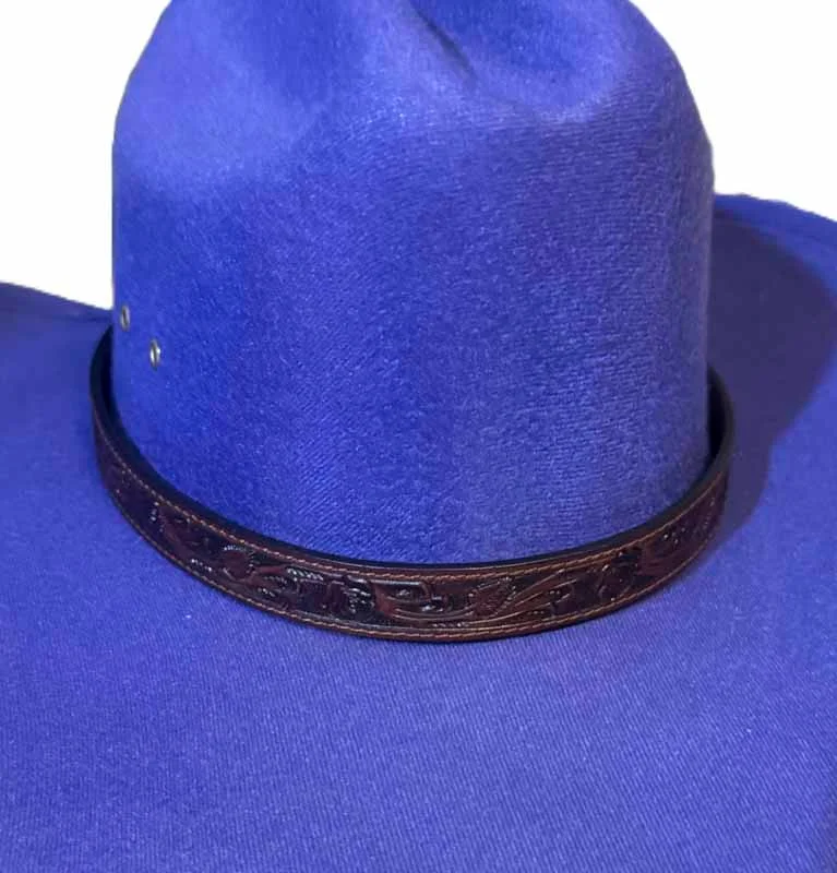 3/4" Brown Rose Tooled Leather Hat Band - Silver Buckle - USA made 2 3/4" Brown Rose Tooled Leather Hat Band - Silver Buckle - USA made