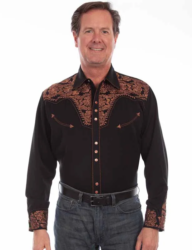 Scully Men's Embroidered Snap Western Shirt - Black & Bronze - Sizes XS-4XL 1 Scully Men's Embroidered Snap Western Shirt - Black & Bronze