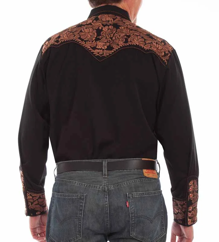 Scully Men's Embroidered Snap Western Shirt - Black & Bronze - Sizes XS-4XL 3 Scully Men's Embroidered Western Shirt in Black and Bronze.