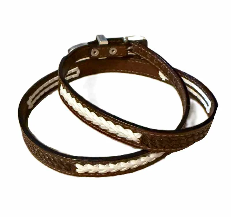 Brown Rawhide Basketweave Leather Hat Band - Silver Buckle - USA Made 2 Brown Rawhide Basketweave Leather Hat Band - Silver Buckle - USA Made