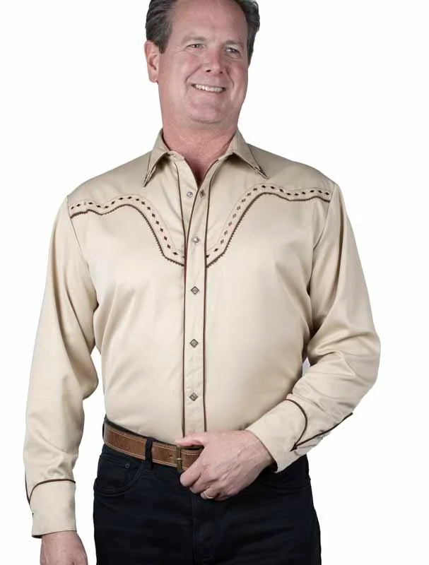 Scully Men’s Diamond Snap Embroidered Western Shirt - Tan & Brown - Collar Tips - S to 4X 1 Scully Men’s Diamond Snap Embroidered Western Shirt - Brown & Tan - Collar Tips - S to 4X