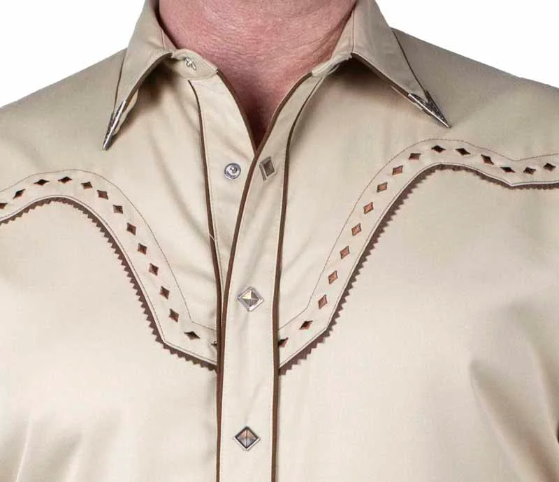 Scully Men’s Diamond Snap Embroidered Western Shirt - Tan & Brown - Collar Tips - S to 4X 2 Scully Men’s Diamond Snap Embroidered Western Shirt - Brown & Tan - Collar Tips - S to 4X