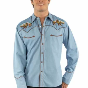 Scully Buffalo Desert Men's Denim Embroidered Western Shirt - Pearl Snaps - S to 4XL