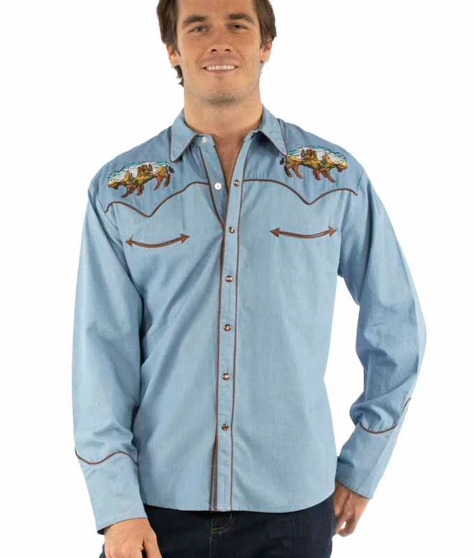 Scully Buffalo Desert Men's Denim Embroidered Western Shirt - Pearl Snaps - S to 4XL 1 Scully Buffalo Desert Men's Denim Embroidered Western Shirt - Pearl Snaps - S to 4XL