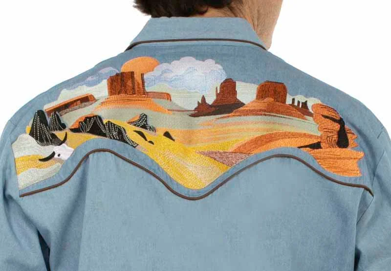Scully Buffalo Desert Men's Denim Embroidered Western Shirt - Pearl Snaps - S to 4XL 2 Scully Buffalo Desert Men's Denim Embroidered Western Shirt - Pearl Snaps - S to 4XL