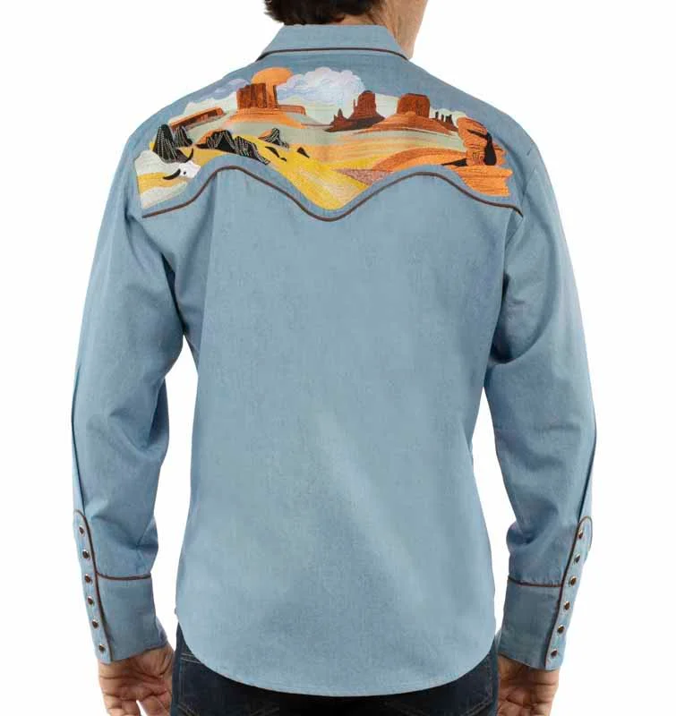 Scully Buffalo Desert Men's Denim Embroidered Western Shirt - Pearl Snaps - S to 4XL 4 Scully Buffalo Desert Men's Denim Embroidered Western Shirt - Pearl Snaps - S to 4XL