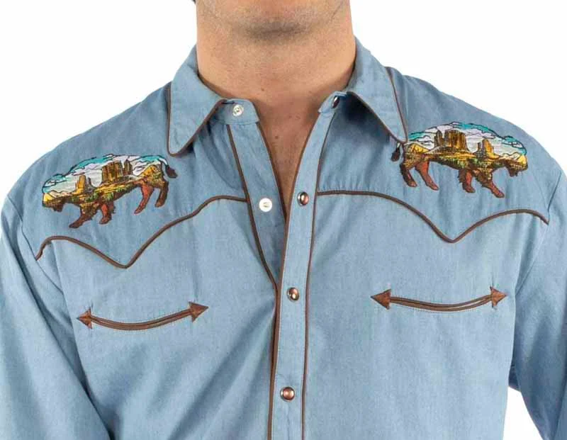 Scully Buffalo Desert Men's Denim Embroidered Western Shirt - Pearl Snaps - S to 4XL 3 Scully Buffalo Desert Men's Denim Embroidered Western Shirt - Pearl Snaps - S to 4XL